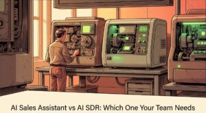 A person carefully reviewing AI sales assistant workflow controls side by side with autonomous AI SDR switches on a workbench