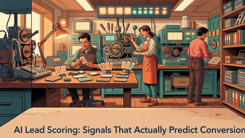 RevOps professional reviewing ai lead scoring signal data on a monitor with behavioral and firmographic inputs displayed as a scoring dashboard