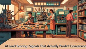 RevOps professional reviewing ai lead scoring signal data on a monitor with behavioral and firmographic inputs displayed as a scoring dashboard